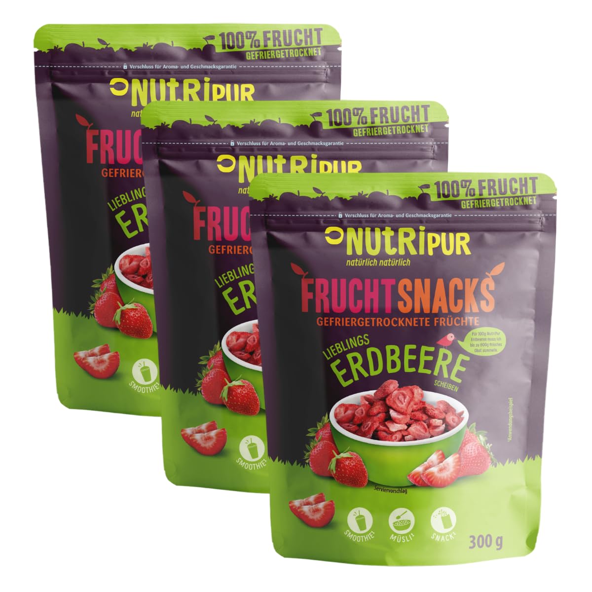 Erdbeeren gefriergetrocknet 3x300g: getrocknete Erdbeerscheiben ungezuckert - Gefriergetrocknete Erdbeeren mit purer Frucht, voller Geschmack, Beeren gefriergetrocknet