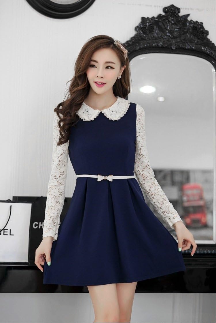 Amazon Co Jp 韓国 ワンピース レディース お嬢様 長袖 レース 美 ライン ネイビー L 服 ファッション小物