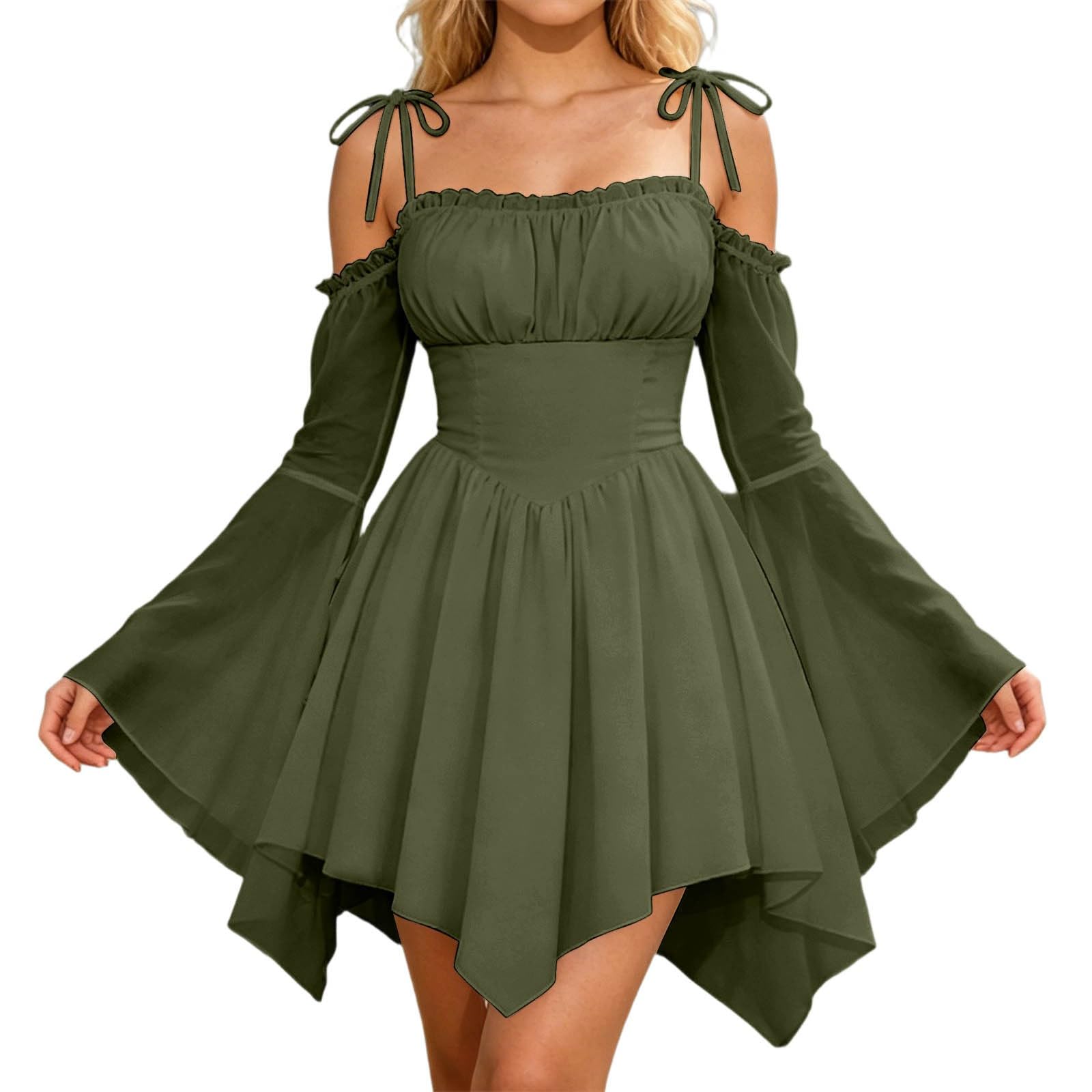 Renaissance Dress Fairy Dress Women Soft Summer Off Shoulder Halloween Costumes with Corset Design Lightweight A Line Mini Dresses Chiffon Long Sleeve for Carnival Themed Events