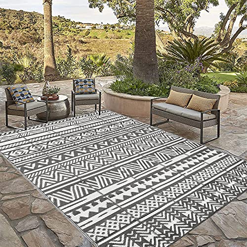 HiiARug 6'x9' Reversible Outdoor Rug, Plastic Straw Patio Rugs RV Camping Rug Reversible Mats, Large Floor Mat and Rug for RV, Patio, Backyard, Deck, Picnic, Beach, Trailer, Camping(Grey/White)