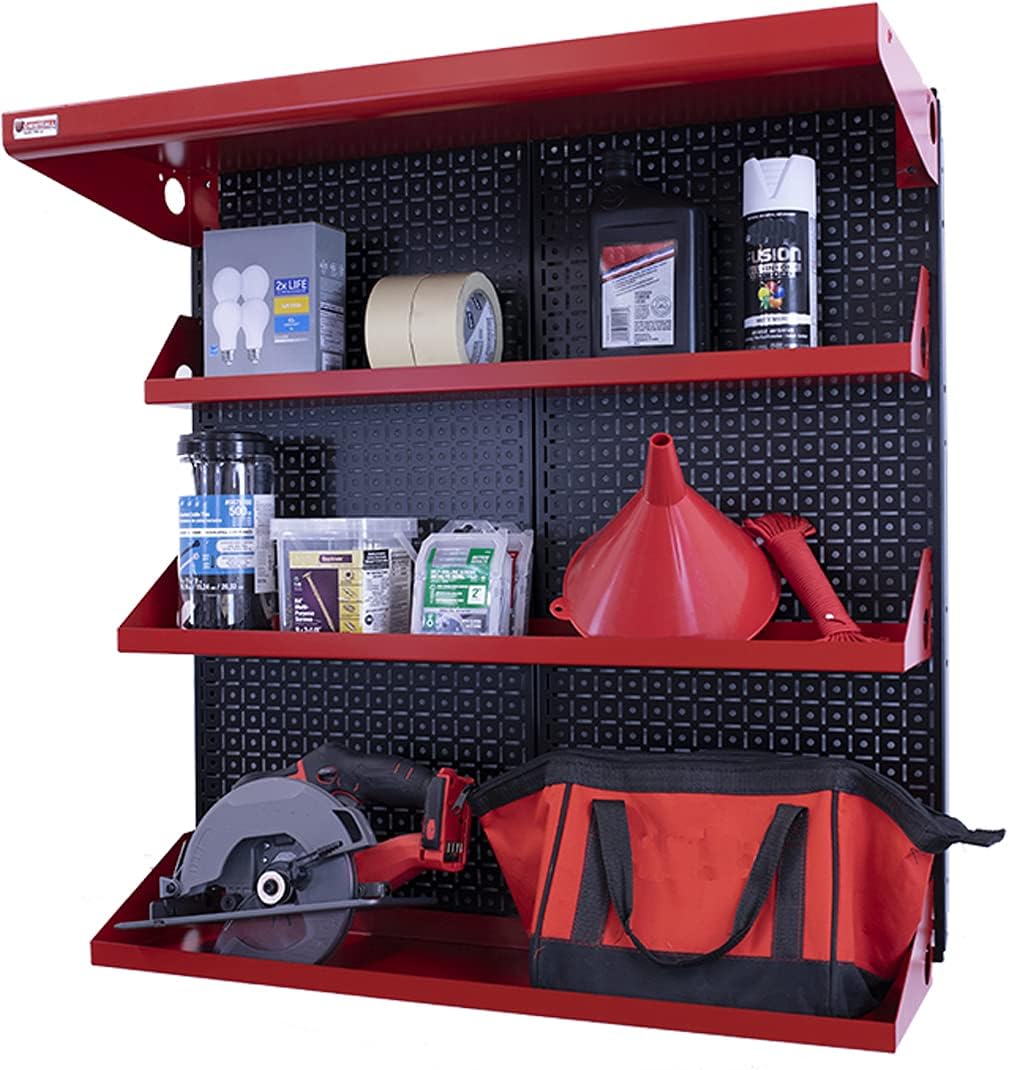 Metal Pegboard Shelving Organization System OmniWall Shelving Kit 32" x 32" Modular Pegboard- Panel Color: Black Accessory Color: Red