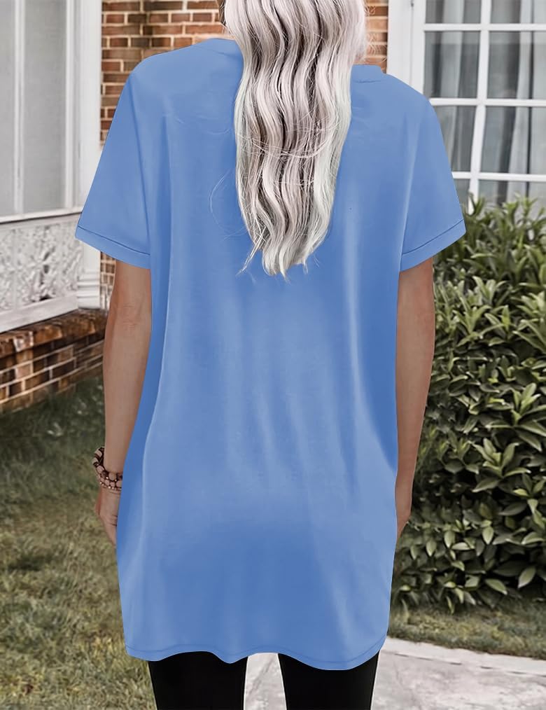 Poetsky 2026 Womens Tunic Tops for Leggings with Pockets Short Sleeve Side Buttons Casual Long T Shirts S-3XL image 2