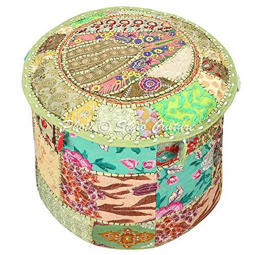 Stylo Culture Pouffe Seat Vintage Footstool Bench Cover Green Ethnic Embroidered Patchwork Cotton Traditional Round Fabric Ottoman Pouf Cover (16x16x13 Inch) 40cm (COVER ONLY) - Image 2