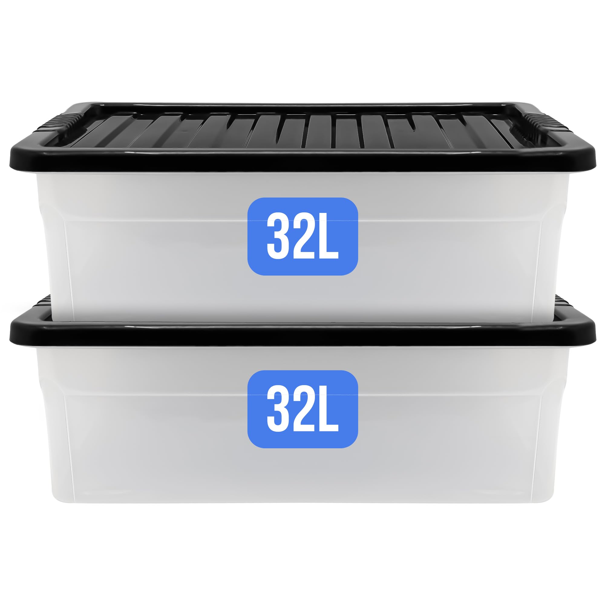 KMJ® 2 Pack-32L Under Bed Storage Box with Lid – Large Plastic Storage Box for Clothes, Shoes, Toys Etc.– Clear Underbed Storage Boxes with Lids – Stackable Storage Boxes Plastic