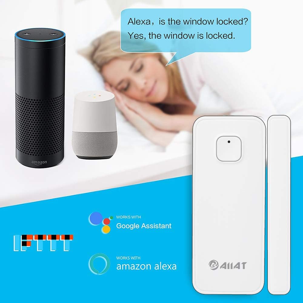 AIIAT sensor shown alongside Amazon Echo and Google Home devices, with a speech bubble indicating Alexa responding to a query about a window's status.