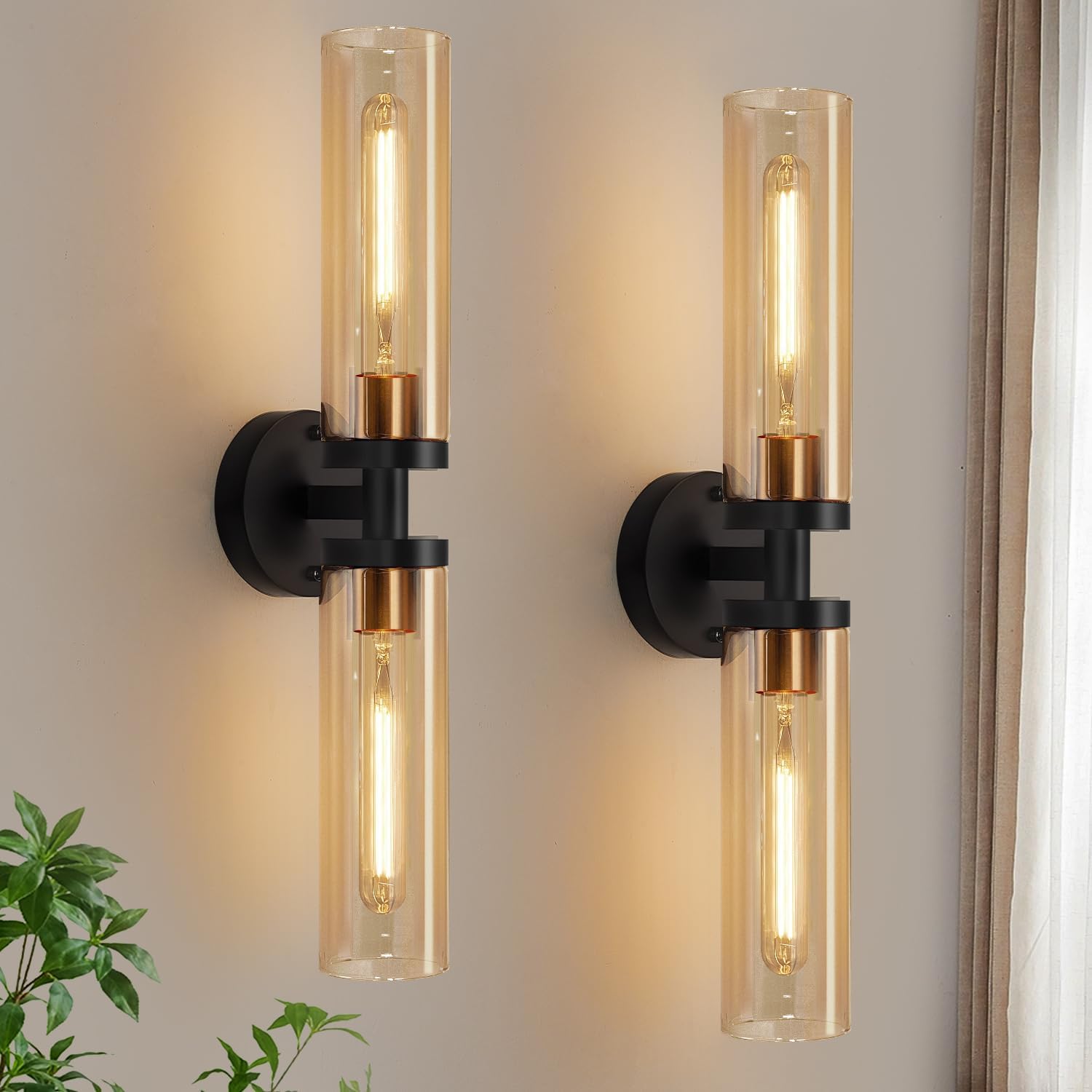  Wall Sconces Set of Two, Hardwired Black and Gold Bathroom Sconces Wall Lights with Amber Glass, Modern Sconces Wall Decor Set of 2 Vanity Light fixtures for Bathroom Mirror Living Room