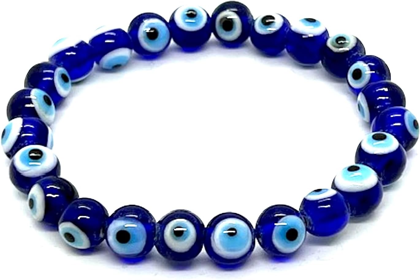 Blue Evil Eye Charm Bracelet – 8mm Beads, 7 Inches