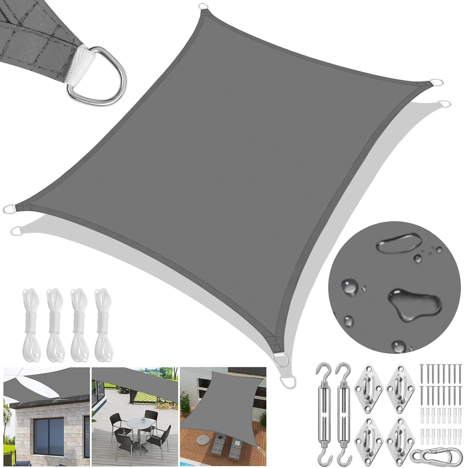 Laneetal Rectangular Shade Sail Waterproof 95% Anti-UV, PES Impregnated Polyester Canvas with Stainless Steel Ties and Ropes for Patio, Garden, Balcony, Terrace, Swimming Pool, Grey (2 x 4 m)