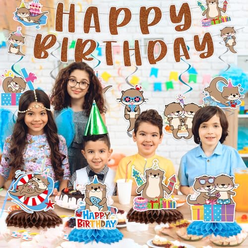 Image of Otter Birthday Party Decorations - 12PCS Sea Otter Party Decorations Happy Birthday Banners Hanging Swirls Honeycomb Centerpieces Under the Sea Ocean Animal Themed Supplies Decor