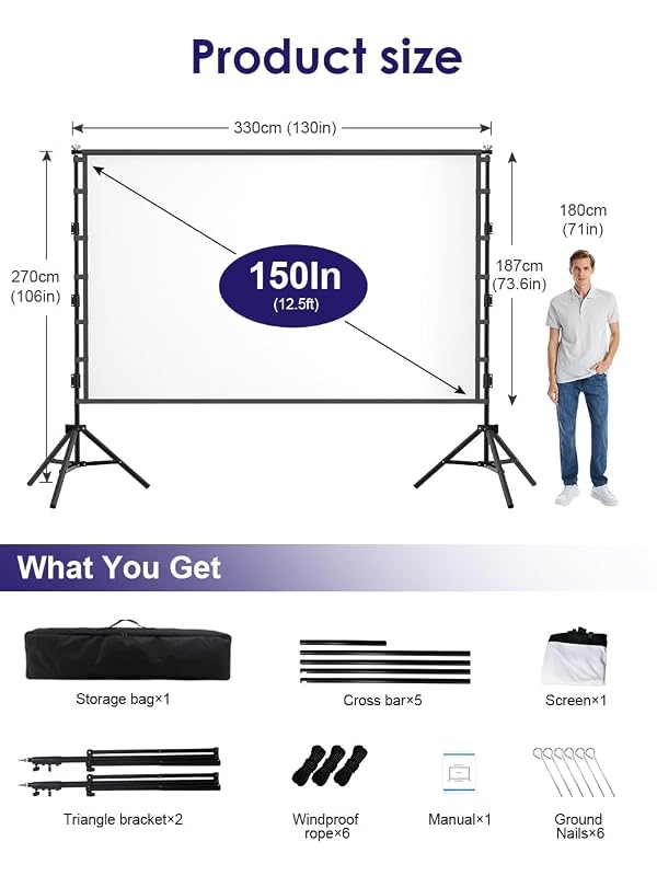 Outdoor Projector Screen with Stand, 150 inch Indoor Movie Screen 16:9 4K Rear Front Portable Projection Screen, Quick Setup Foldable Travel Home Theater Screen with Carry Bag for Backyard Camping by ULAYKDE - Used condition - Image 6