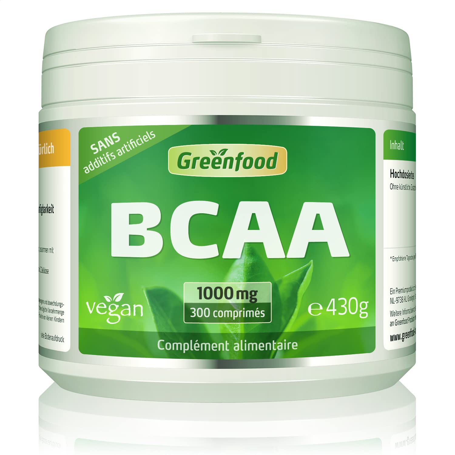 Greenfood BCAA, 1000 mg, 300 comprimés - SANS additifs | Précurseur des protéines, favorise la croissance et le maintien musculaires. Haute biodisponibilité, vegan, testé