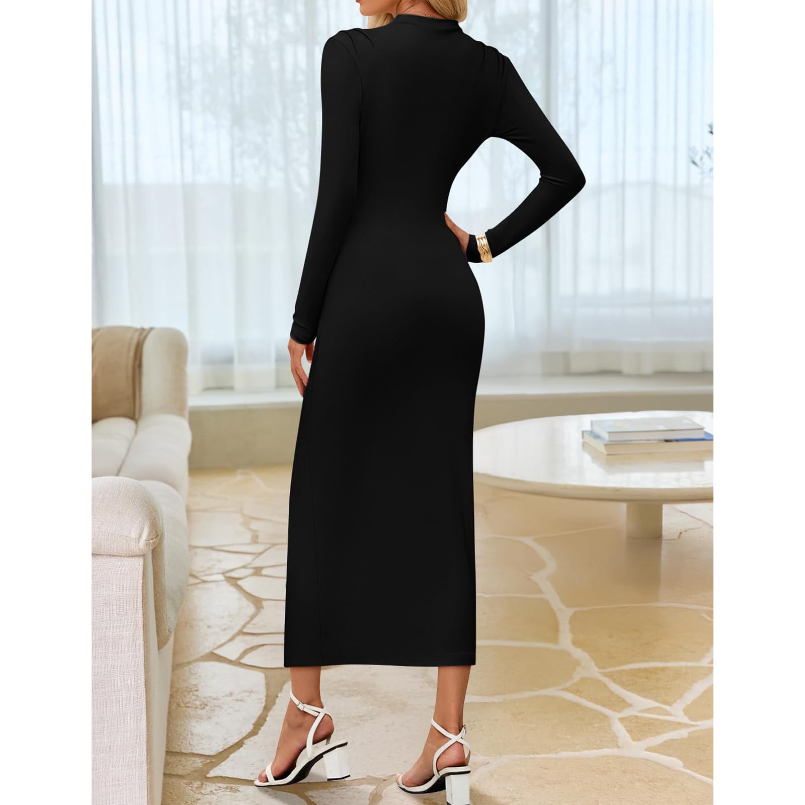 Vestidos Largos Mujer Manga Larga Elegantes Maxi Vestido Ajustado Cuello Alto Sexy Vestido de Cóctel Ruched Color Sólido Bodycon Vestidos de Noche Fiesta Ceremonia Club Playa Invitada Boda