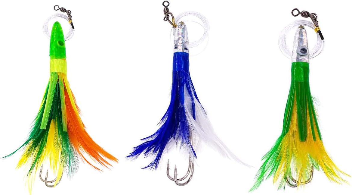 Sanhu Tackle 6" Tuna Feathers Kit – Blue White Yellow Green Zucchini – 3 Pieces Tuna Lures for Saltwater Trolling