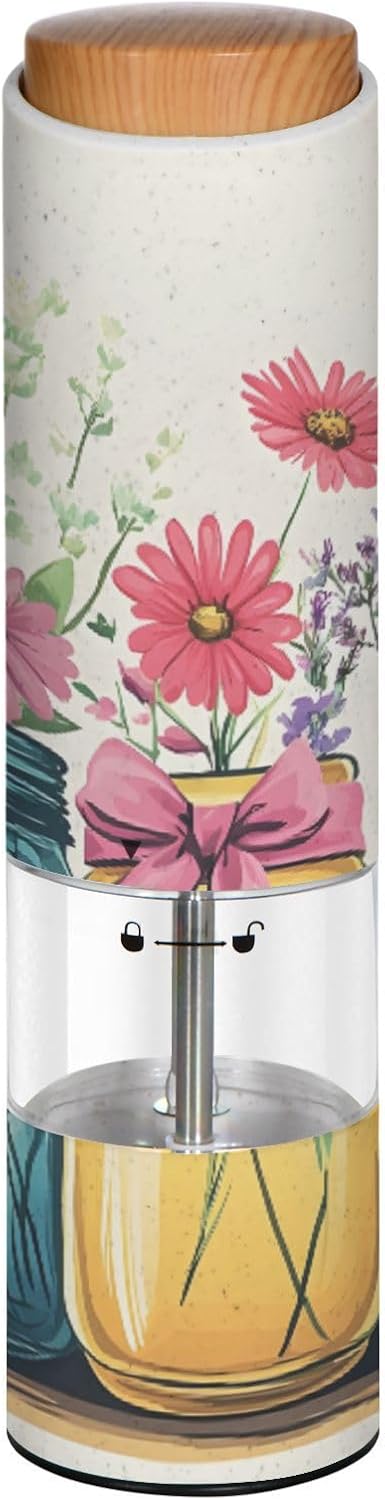 ALAZA Electric Pepper Grinder with Adjustable Coarseness, Mason Jar Flower Battery Automatic Salt and Pepper Mill with Led, One-Handed Operation Spice Grinder for Kitchen, Camping & BBQ