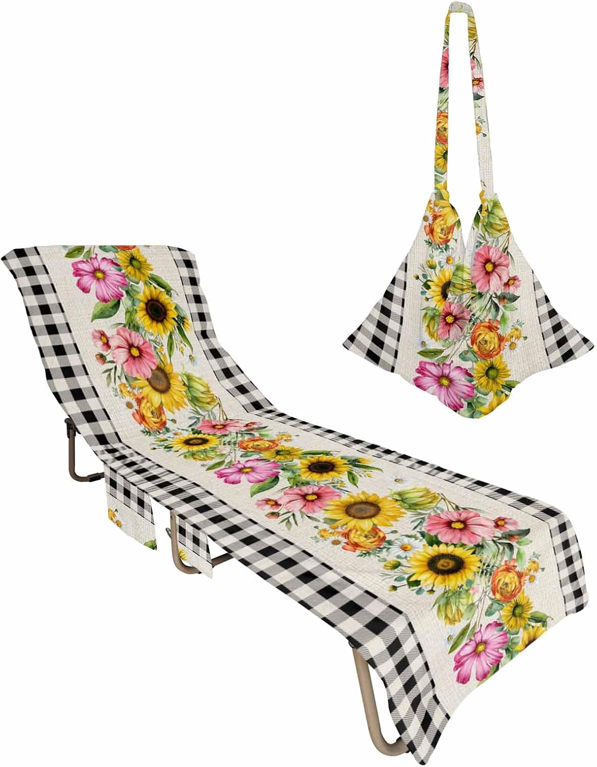 Vintage Black Plaid Beach Pool Patio Lounge Chaise Chair Cover Towel With Pockets,Absorbent & Quick Dry Microfiber Towel Cover Bag Summer Sunbathing Accessories Spring Flower Floral Summer Green Plant