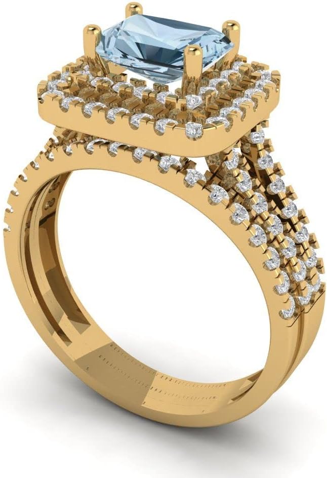 Women's 18K Yellow Gold Emerald-Cut London Blue Topaz Solitaire Bridal Set with Eternity Band (3.05 cttw)