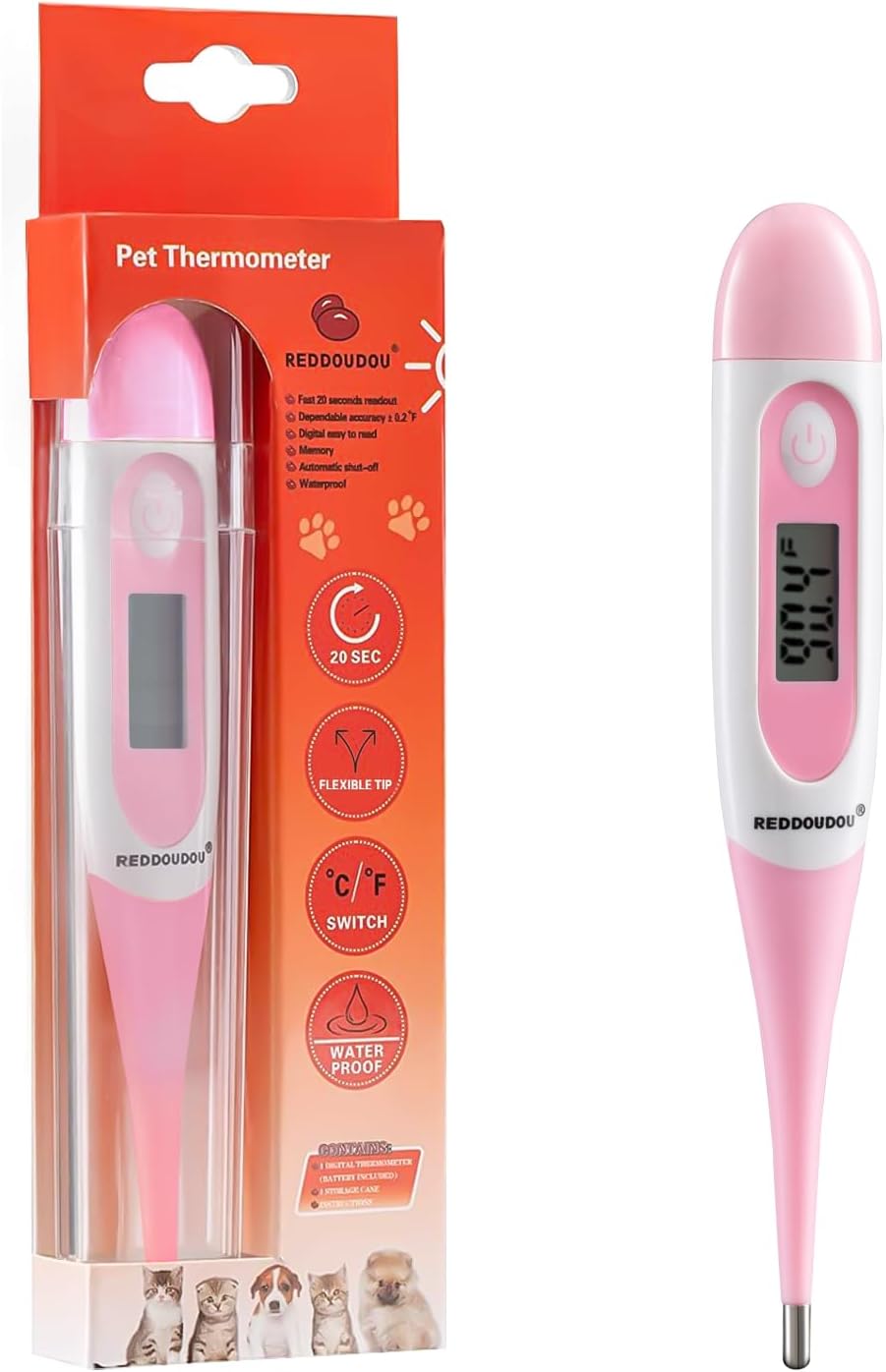 Digital Pet Thermometer for Accurate Fever Detection, Suitable for Cats/Dogs/Horse/Veterinarian, Waterproof Pet Thermometer, Fast and Accurate Measurements in 20 Seconds (Pink)