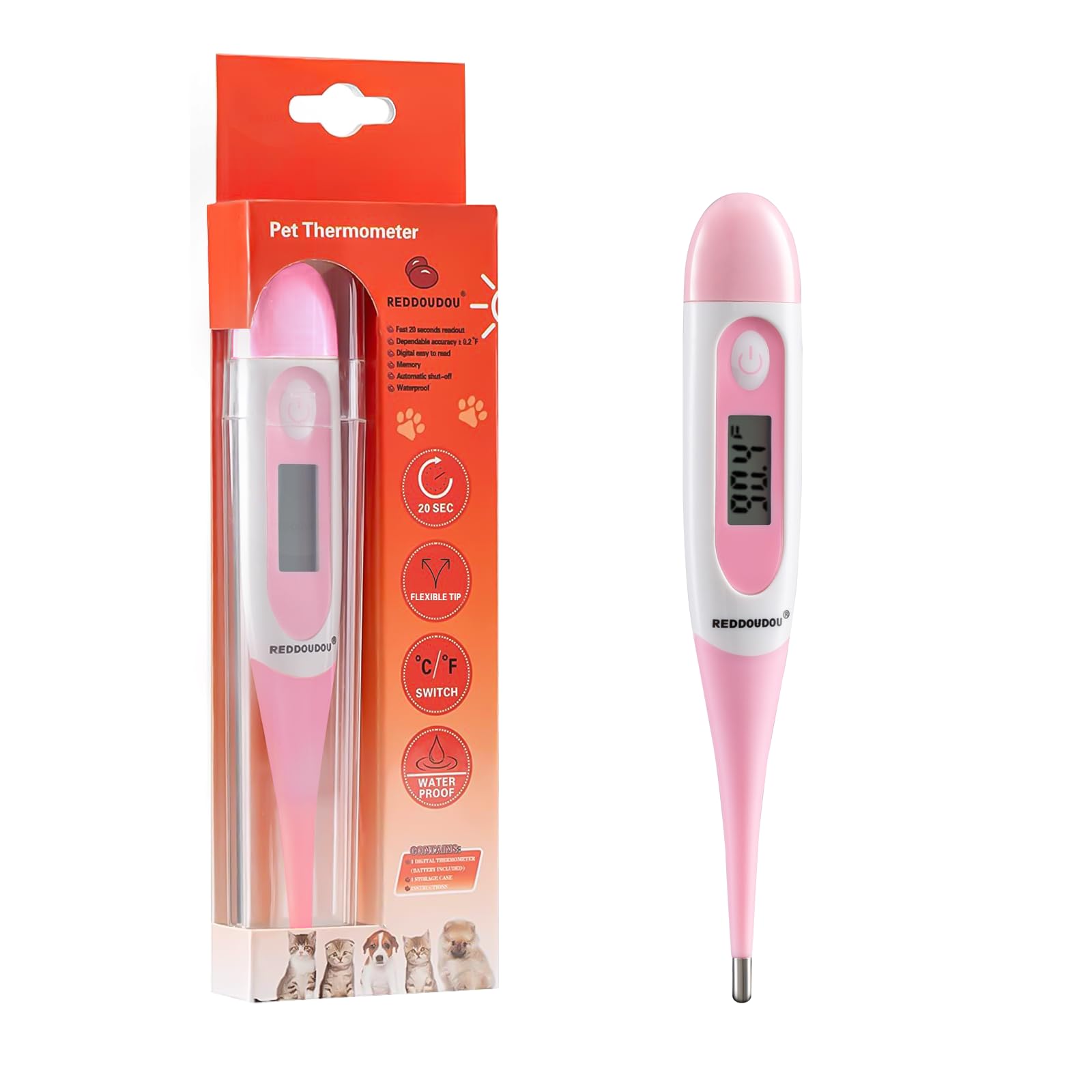 Digital Pet Thermometer for Accurate Fever Detection, Suitable for Cats/Dogs/Horse/Veterinarian, Waterproof Pet Thermometer, Fast and Accurate Measurements in 20 Seconds (Pink)