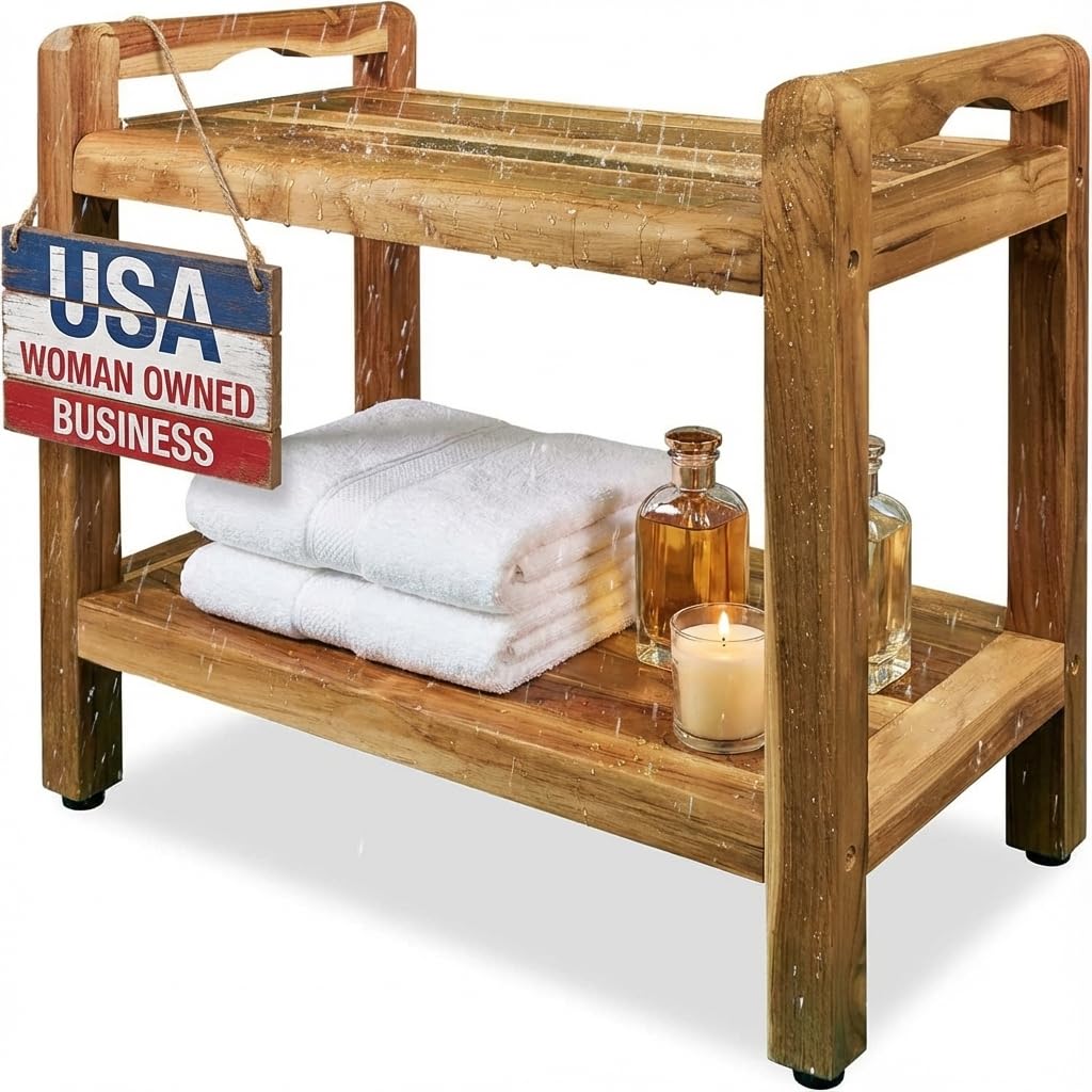EcoDecors Eleganto 24 Inch Natural Color Waterproof Teak Wood Shower Bench Stool Seat Chair For Inside Shower Provides Safety, Storage, and