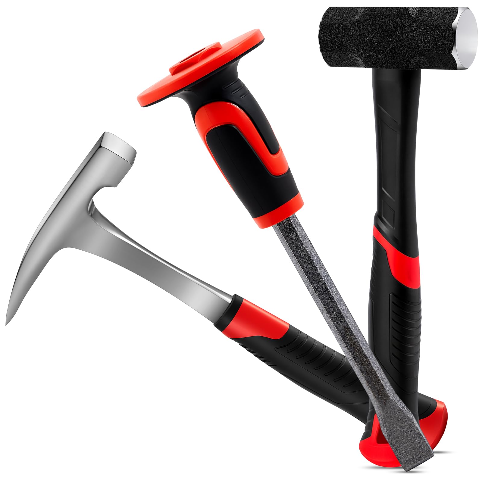 Lasnten Lot de 3 outils de pioche de géologie 935,5 g, marteau octogonal de 1,4 kg, ciseaux de 30,5 cm, outils pour la recherche géologique, l'exploration des roches, la chasse aux roches, la rupture