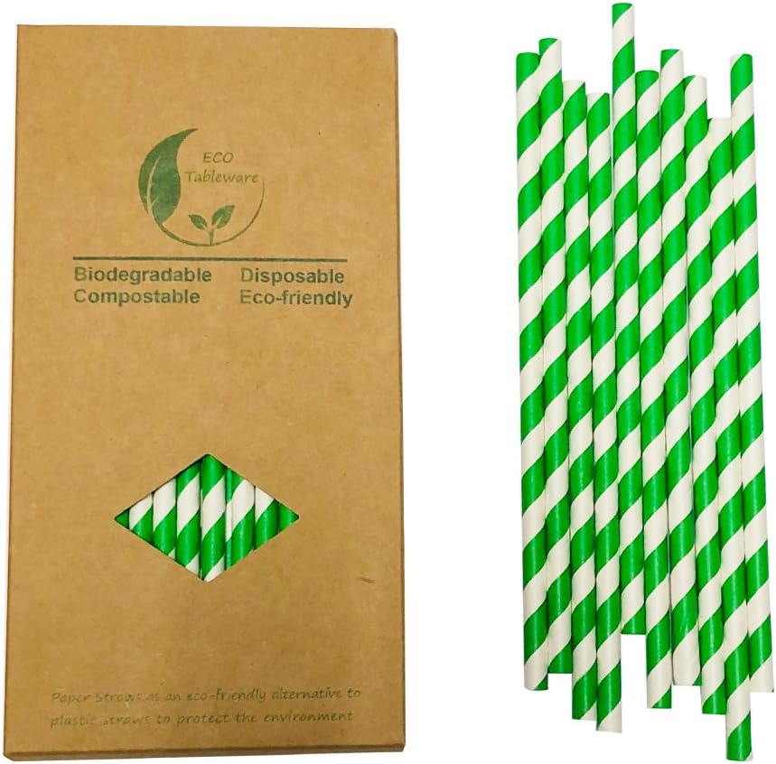 Green Striped Paper Drinking Straws