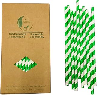 Christmas Green Stripes Paper Drinking Straws, 100 Pack Premium Green and White Straw - Biodegradable & Environmental