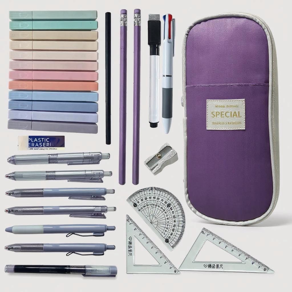 Complete Back to School Aesthetic Stationery Set, Large Pencil Case With School Supplies and College Essentials. Pens. Pencils, Eraser, Sharpener Geometry Set, Highlighters (Pastel Purple/Cream)