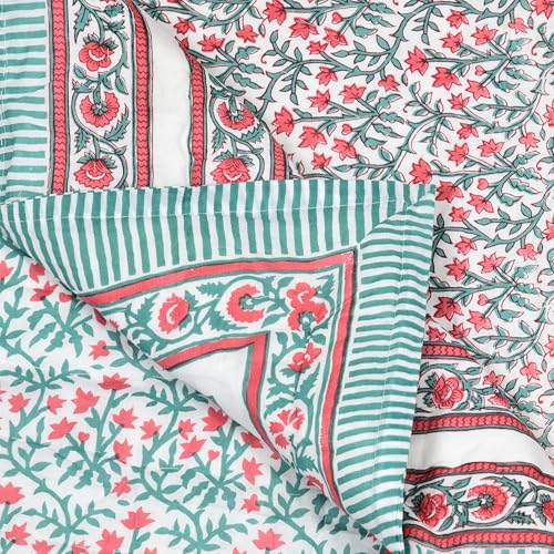 Image of BLOCKS OF INDIA Cotton Single Size Quilt Hand Block Print for Light Winters (60x90 Inches) (Turq Pink JAAL)-300 TC