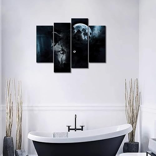 Miniatura 4 de Arte de pared de 4 paneles de lobo negro y luna llena, impresión sobre lienzo, imágenes de animales para decoración del hogar, pieza de regalo