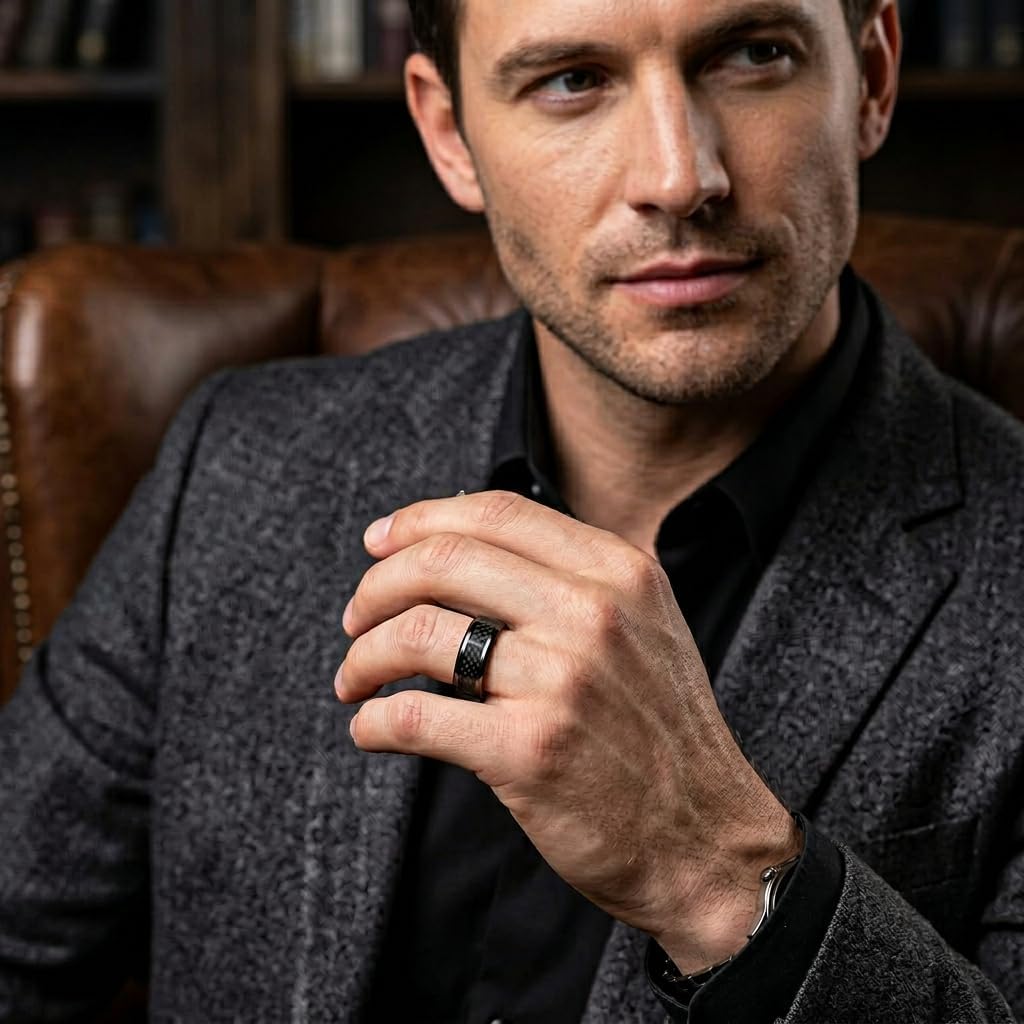 Thorsten Mens Black Titanium Carbon Fiber Ring | Inlaid, Beveled Comfort Fit | Carbon Fiber Titanium Band for Men | Durable, Sleek | OXYN | 6mm & 8mm Wide | Stylish, Available in Multiple Size