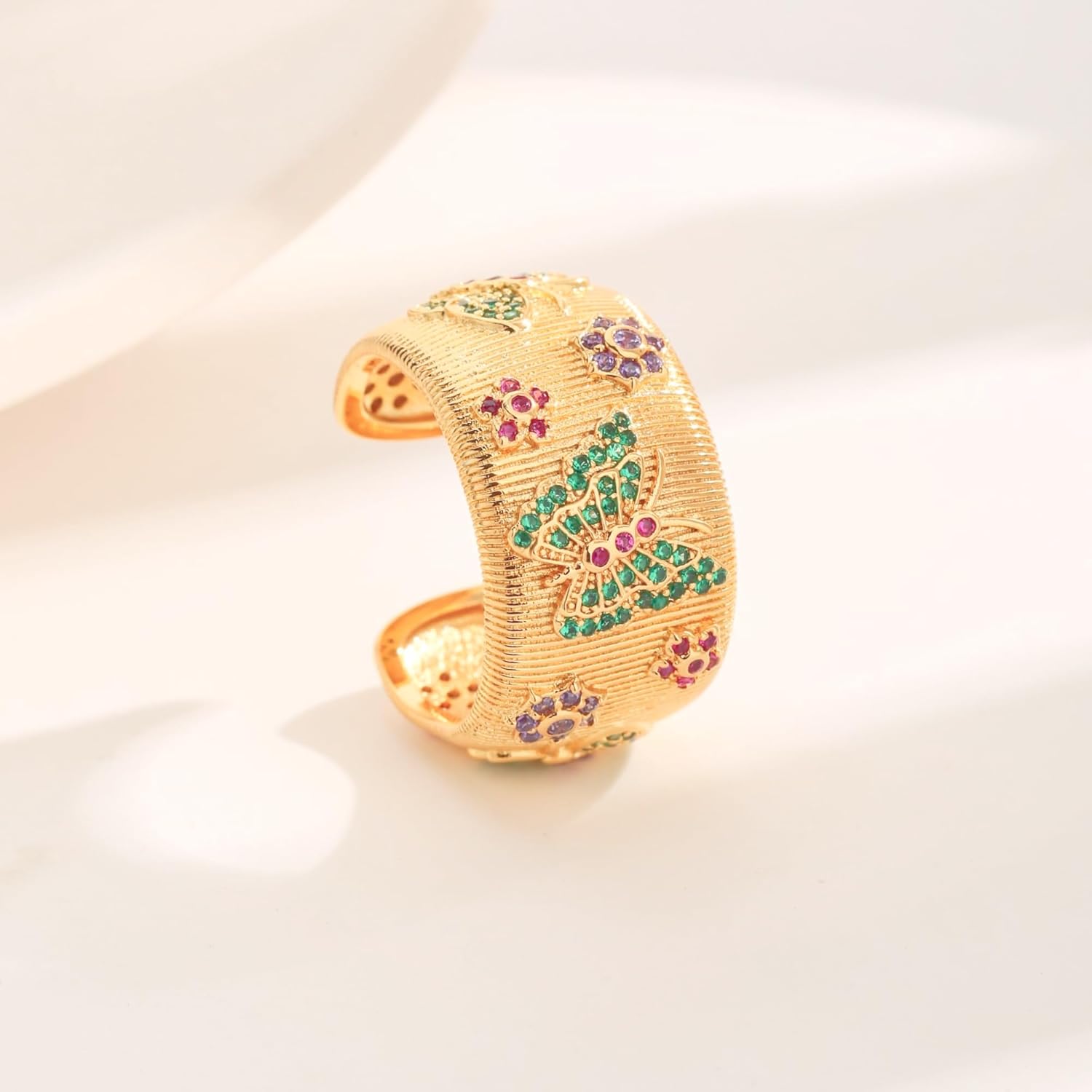 Chunky Gold Rings for Women – Adjustable Open Butterfly Ring with Flower Design, Wide Band Fashion Rings with Colorful Accents - Image 5