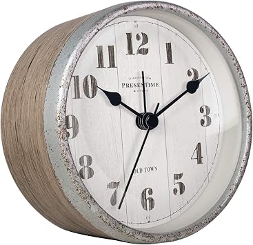 Presentime & Co 4" Farmhouse Tabletop Alarm Mantel Clock, Desk and Shelf Clock, Silent no Ticking, Light Grey Oak and Rusted Galvanized Finish. Tabletop Decor, Home Decor, Farmhouse Decor