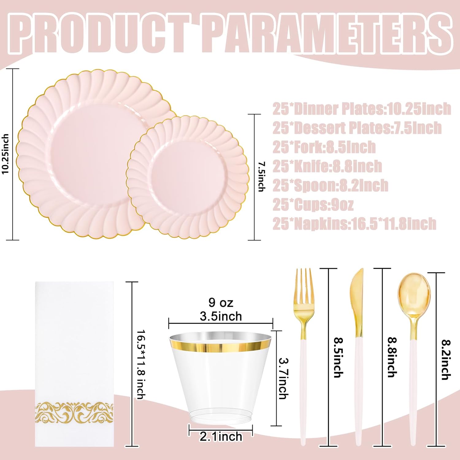 Ciaell 175 PCS Pink Scalloped Plastic Plates with Gold Trim - Pink Plastic Silverware with Handle - Fancy High-End Dinnerware Sets for Wedding & Baby Showers & Party & Easter