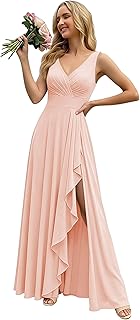 Women's V Neck Bridesmaid Dresses with Slit 2026 Chiffon A-line Sleevele...