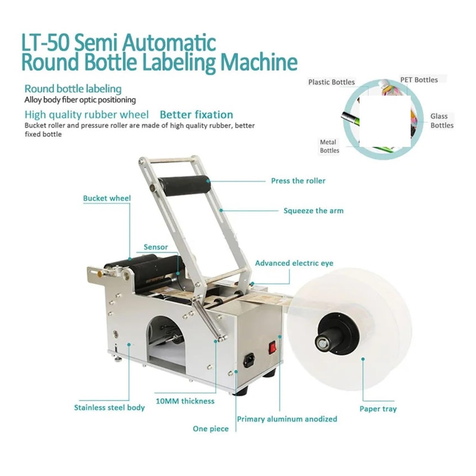 Etiquetadora semiautomática Manual for Botellas Redondas Adhesivas LT-50, for Bolsas de plástico pequeñas y Botellas cuadradas de Doble Cara. Amplia aplicación