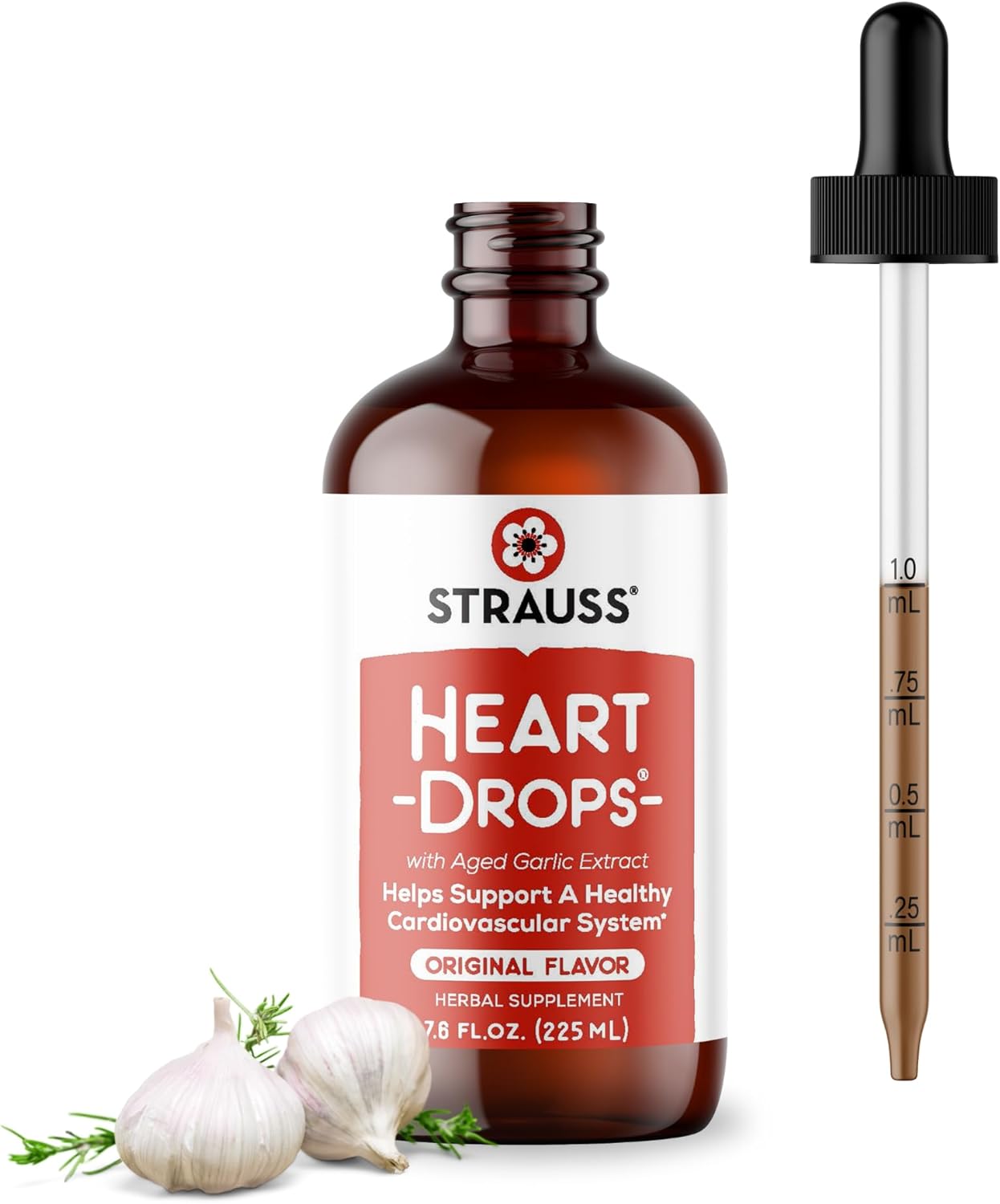Strauss Naturals Heart Drops – Heart Health Supplements with Garlic Supplements & Premium Aged Garlic Extract to Help Maintain a Healthy Cardiovascular System - Vegan & Non-GMO – Original 225 ml