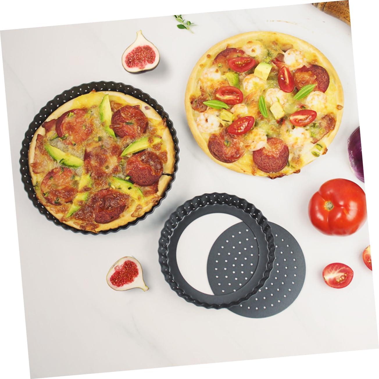 Teglia Tonda per Pizza in Acciaio al Carbonio con Fondo Removibile e Lati Scanalati, Teglia per Pizza con Fori Non Stick per Forno e Crostate