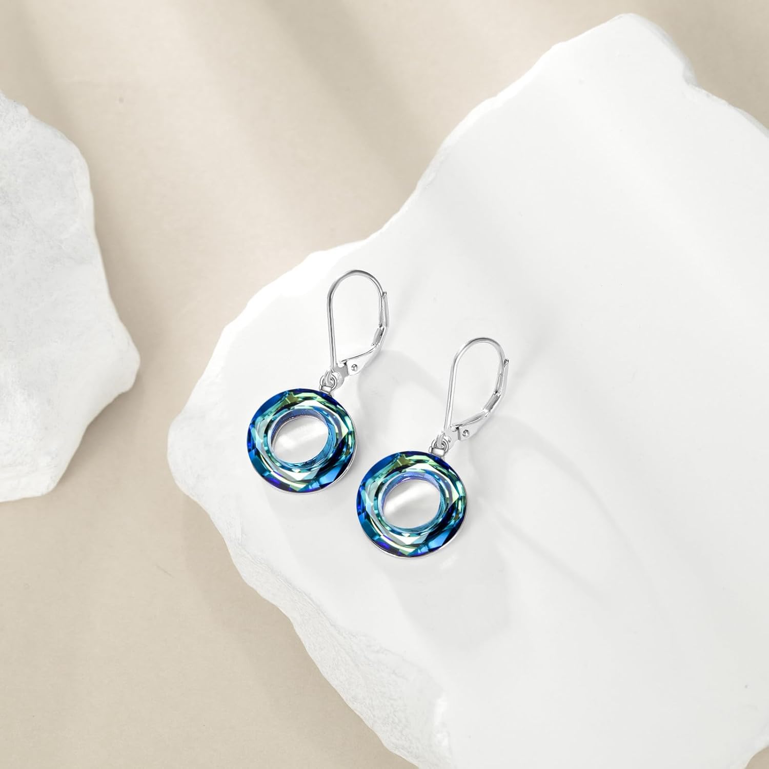 AOBOCO Circle Crystal Dangle Earrings Sterling Silver with Blue Austria Crystal Leverback Dangle Earrings for Women Mom Wife Jewelry Christmas Birthday Gifts