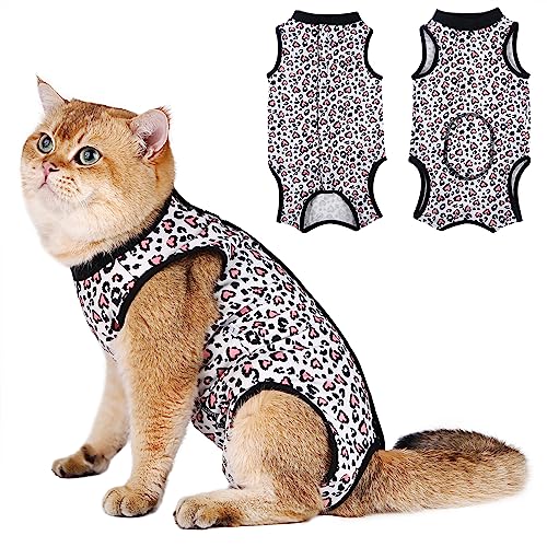 Image of Cat Surgery Recovery Suit Cats Surgical Onesie After Surgery Female Male Cat Post Spay Neuter Bodysuit Anti-Licking Wounds Cat Cone Alternative Pink Leopard /M
