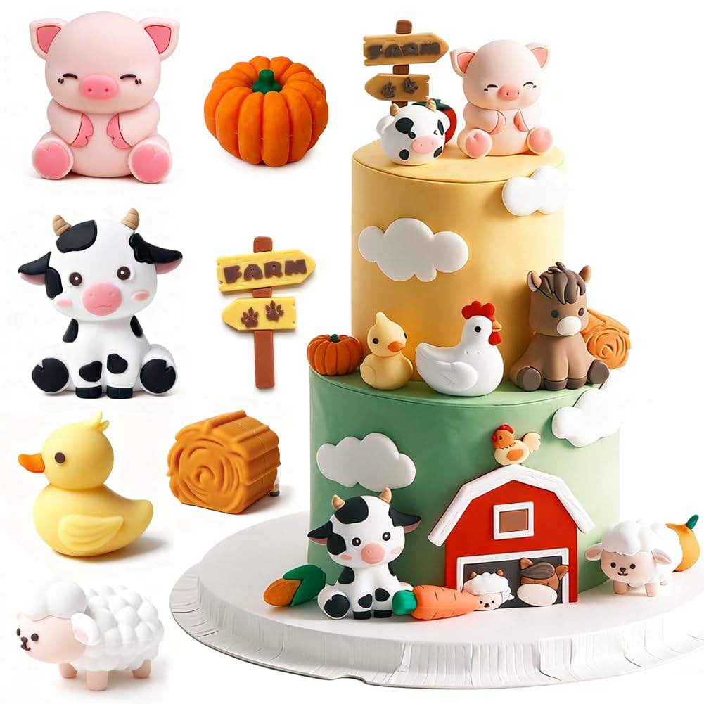 Farm Animal Birthday Cake Decoration 9Pcs 3D Cartoon Farm Animal Cake Topper Pig Cow Horse Duck Chicken Cake Decoration Cupcake Topper Picks for Farm Animal Baby Shower Kids Birthday Party