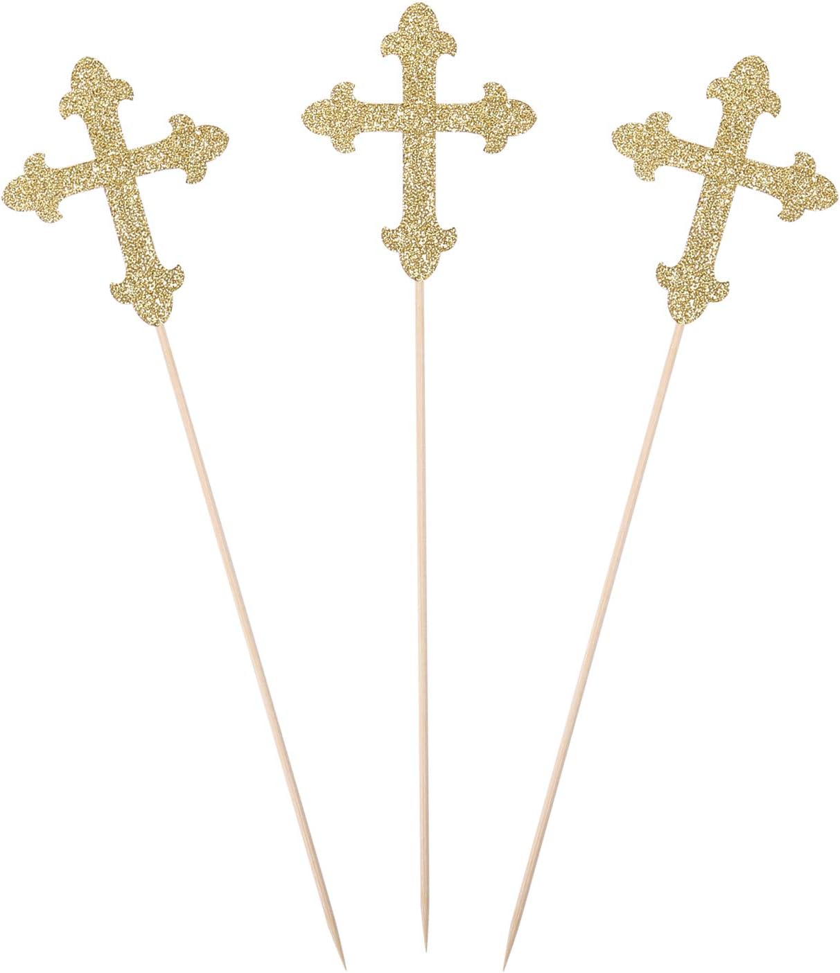Gold Glitter Cross Centerpiece Sticks for Baptism Christening Party Decorations - Set of 10