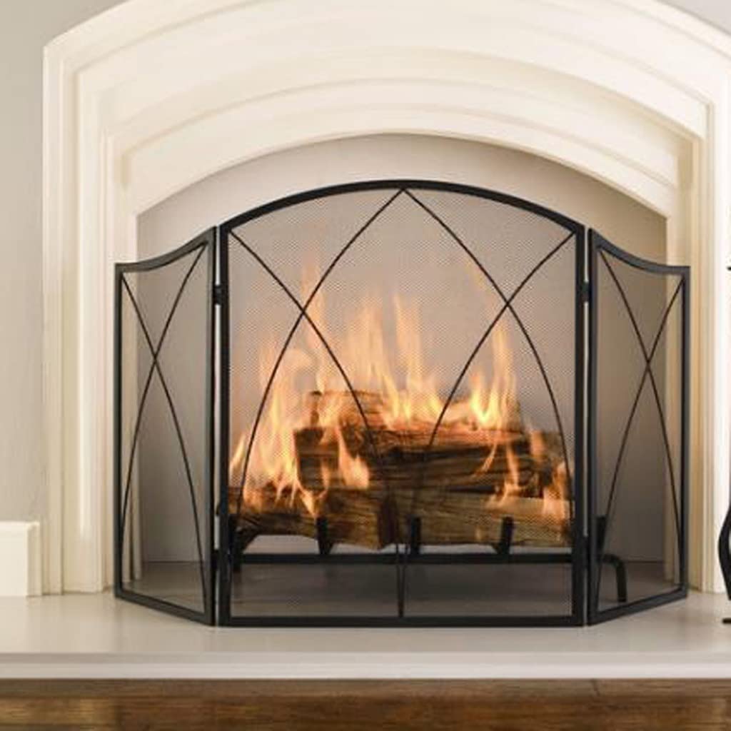 Salvachispas Chimenea Panel Chimenea Pantalla de partición Tri-Fold Forjado Cinturón de Hierro de Hierro Malla Impermeable Pantalla Puerta Decorativa Estufa Cerca H'31.5