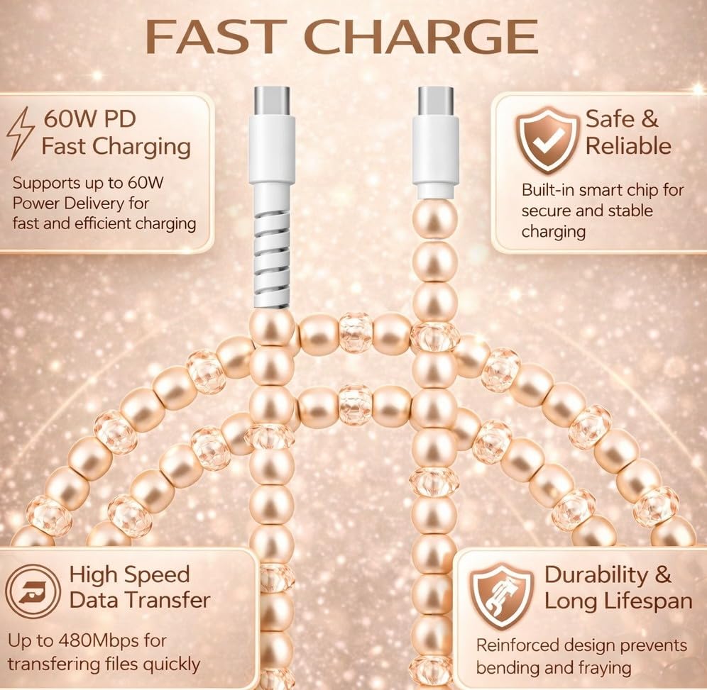 Image of Cute Beaded Cable Type C Phone Charger for iPhone or Android Fast Charging Colorful 3.3ft Cord for Smartphones (Champagne)