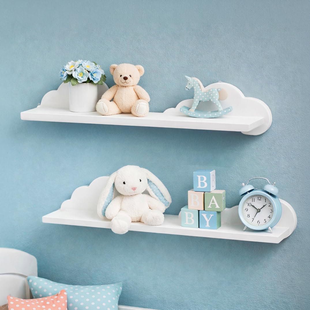 HomeZone® Lot de 2 étagères flottantes en Forme de Nuage pour Chambre d'enfant ou Salle de Jeux Panneau MDF Blanc, étagère légère pour Rebord d'image, étagère pour Chambre de bébé, Murale 54 cm