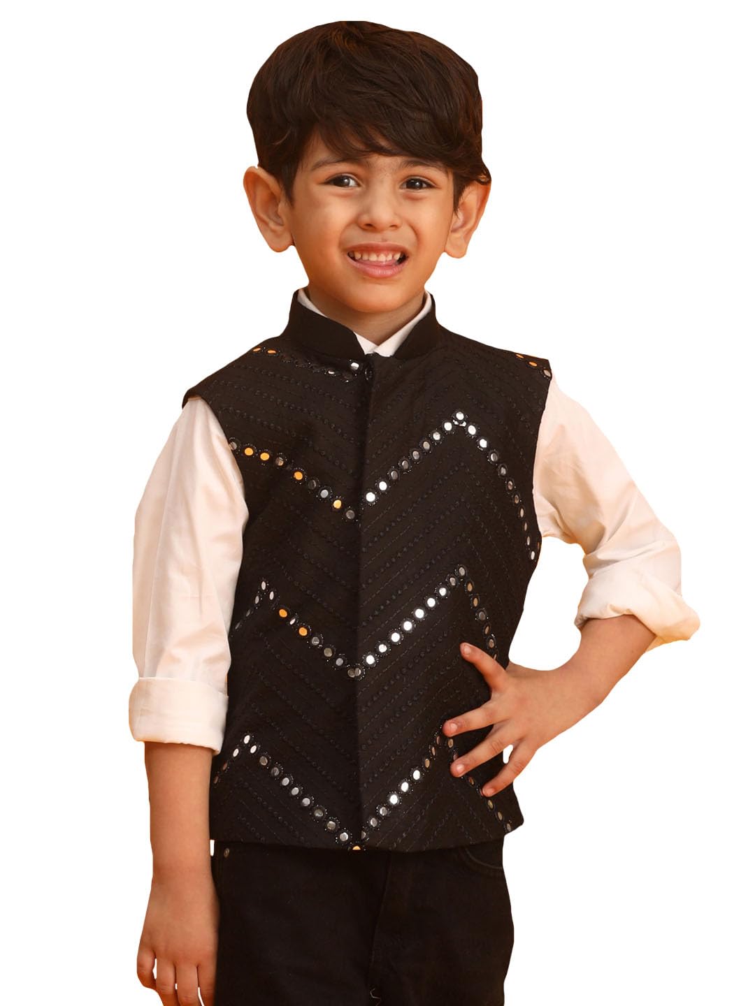 Boys' Cream Nehru Jacket | Mirror Work Viscose Sleeveless Nehru Jacket - Navratri Special Traditional Ethnic Waistcoat - Perfect for Festivals, Weddings, and Celebrations-image-7