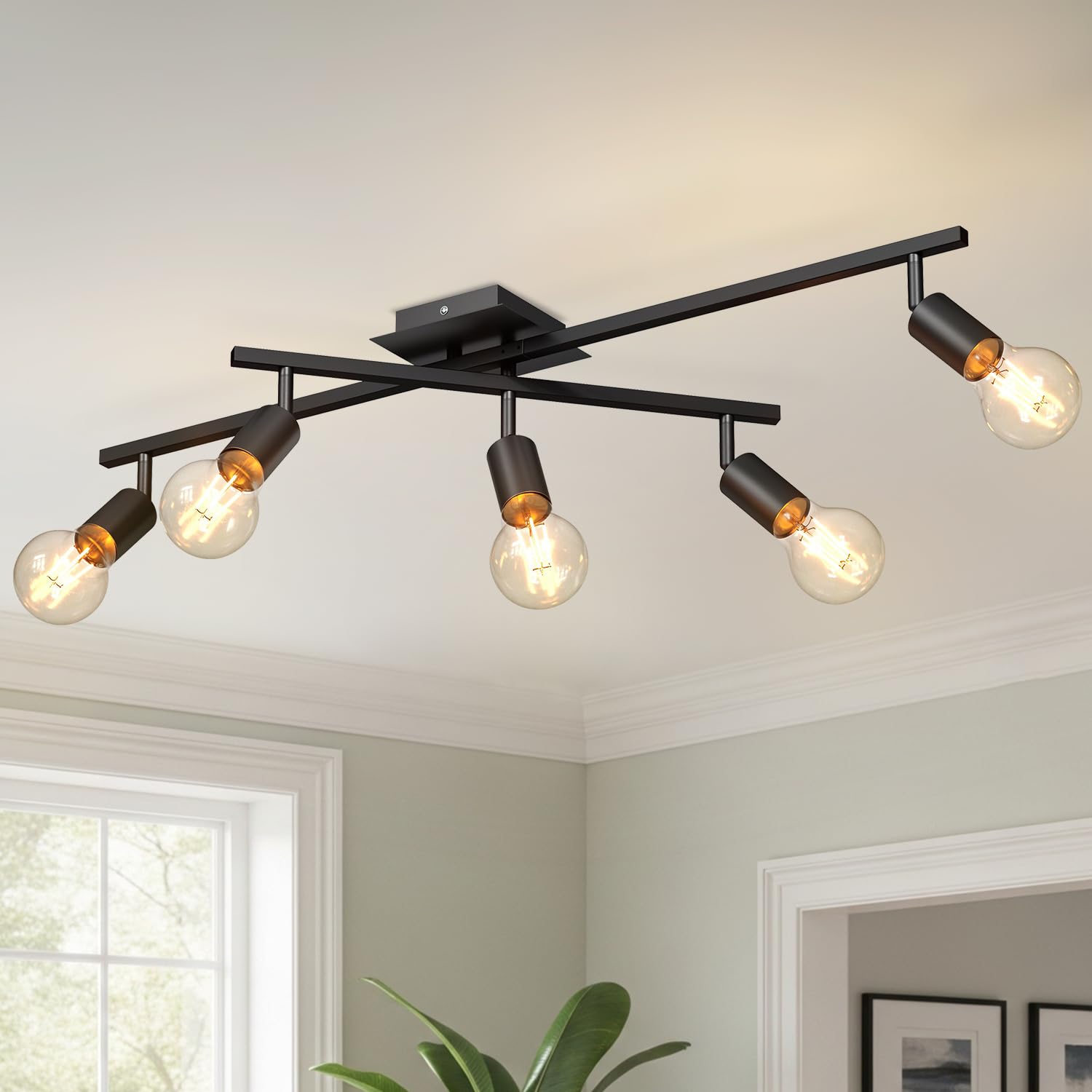 LVWIT Lampka sufitowa LED 5 reflektorów, E27 Oświetlenie sypialni Obrotowe czarne, Reflektor sufitowy Żyrandol salonowy, Oświetlenie sufitowe, Metalowa podstawa (bez żarówki)