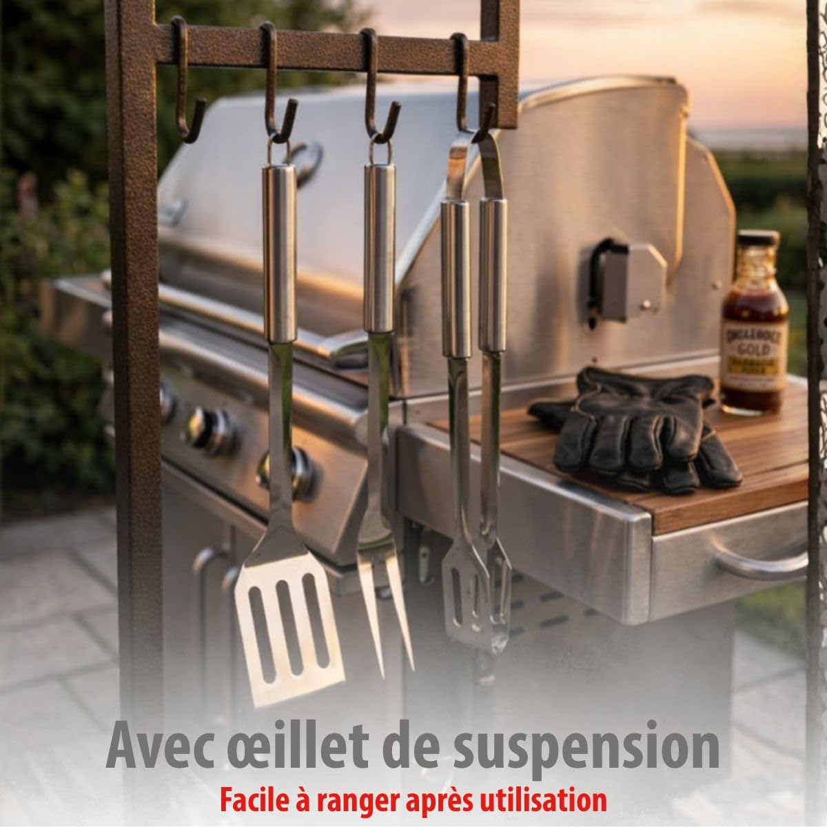 Alpina Kit Barbecue Ustensiles 3 Pièces - Pince et Spatule Acier Inoxydable - Fourchette à Viande Argent