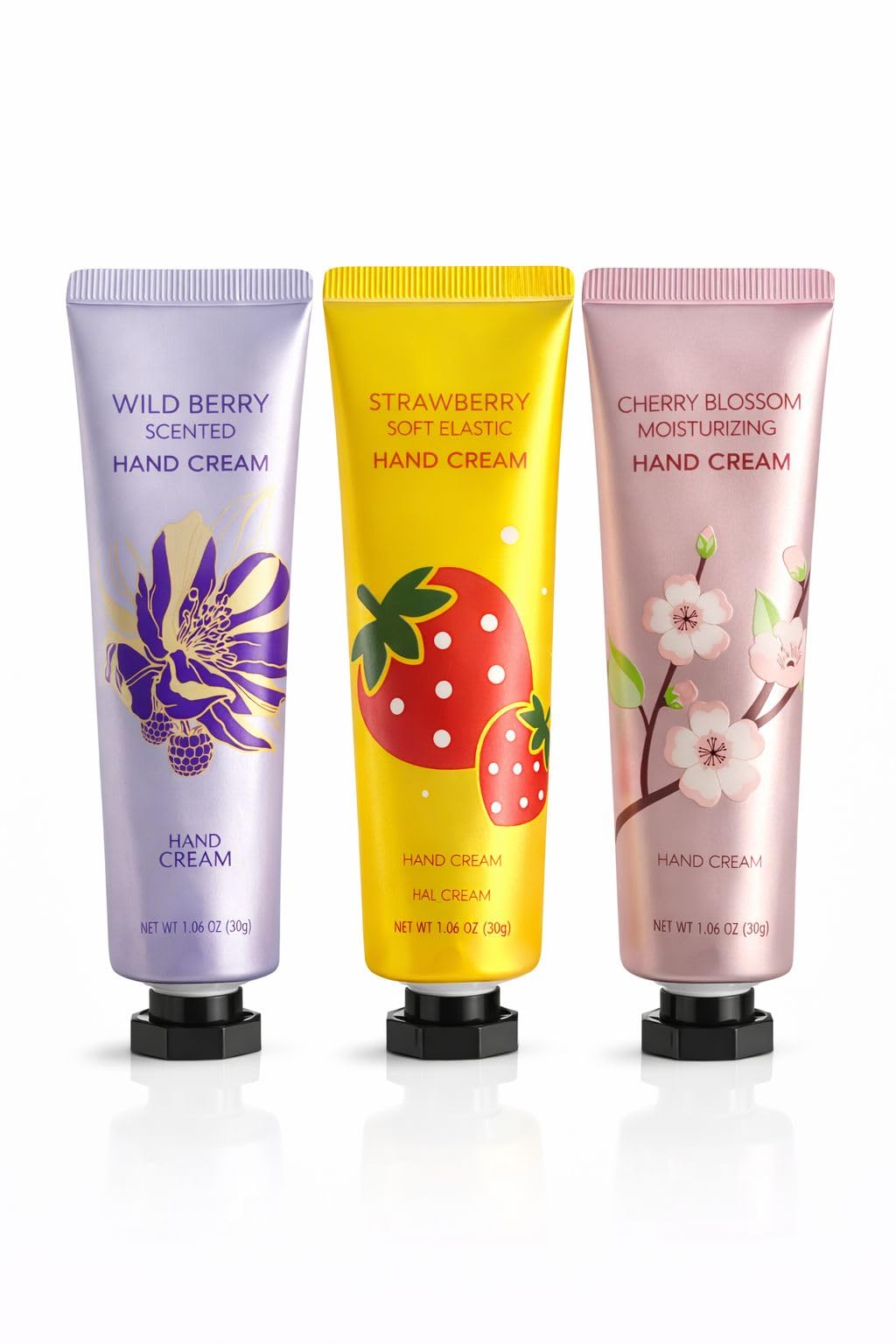 Hand Cream Set, 3 Pack, Wild Berry Scented, Strawberry Soft Elastic, Cherry Blossom Moisturizing, 1.06 oz (30g) Each