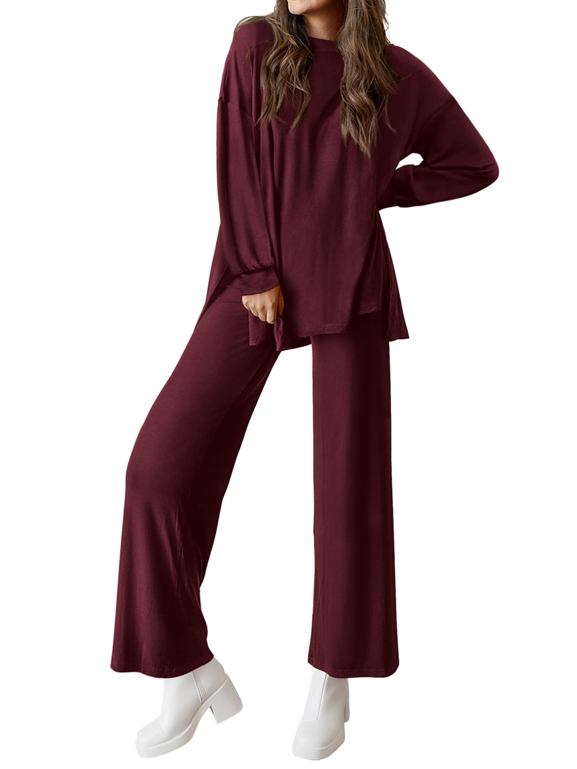 PRETTYGARDEN Womens 2 Piece Outfits Crewneck Long Sleeve Pullover Tops Wide Leg Long Pants Casual Lounge Set Travel Tracksuit