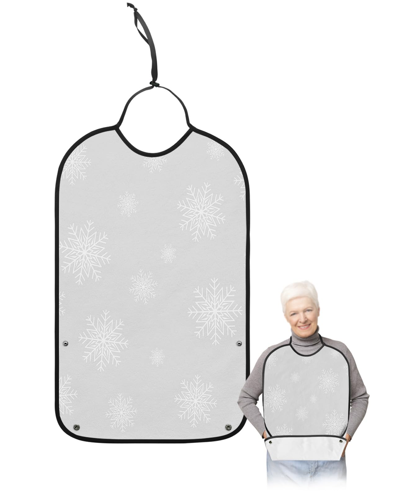 Christmas Snowflake Adult Bibs for Eating, Waterproof Bibs with Food Catcher & Adjustable Snap Closure, Grey Backdrop Winter Snowflake Washable Clothing Protectors Adult Bibs for Elderly Women/Men